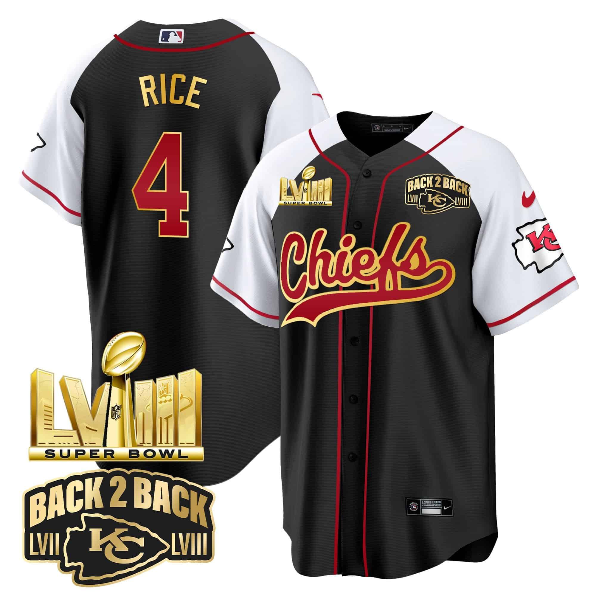 Men Kansas City Chiefs #4 Rice Black 2024 Nike Super Bowl LVIII Back-2-Back Gold Patch Baseball NFL Jersey style 1